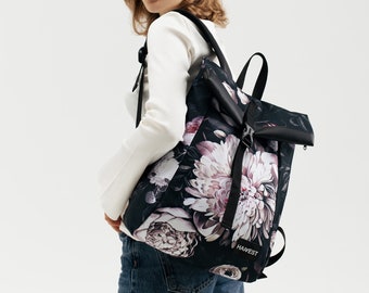 Floral Backpack, Faux leather Everyday backpack, Flower Printed backpack,Laptop roll top rucksack for women, Girls backpack travel backpack