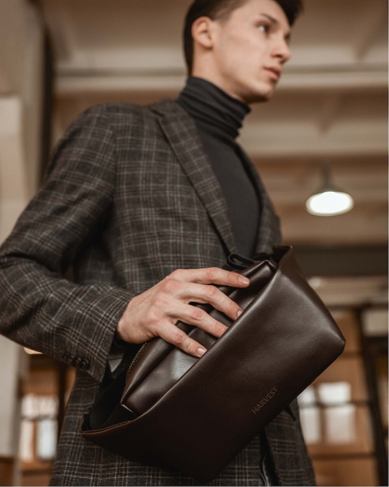 Brown Leather Shoulder Bag for Men Vegan Leather Crossbody Etsy