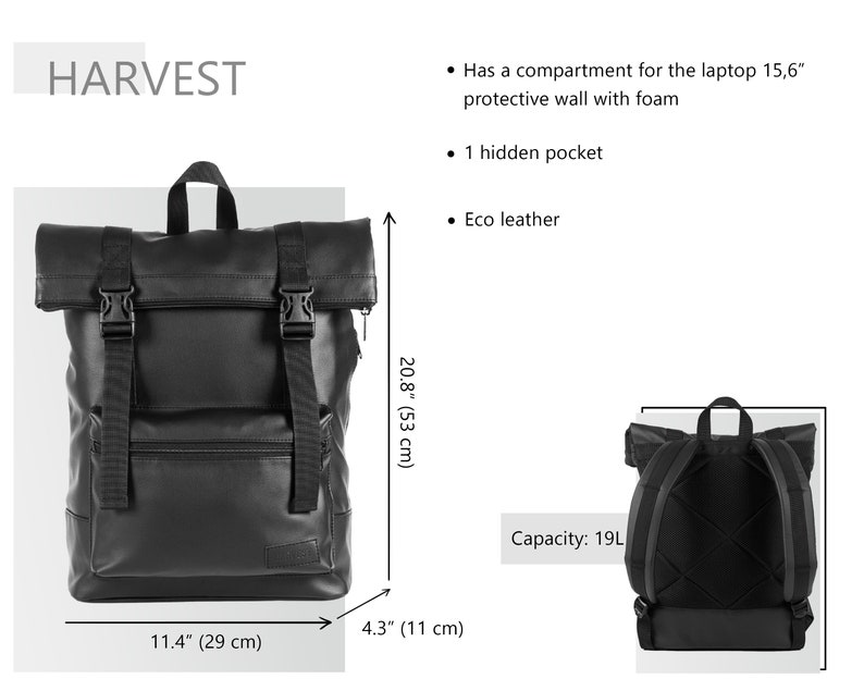 Travel Leather Backpack Vegan Rucksack Men Large Rolltop Etsy