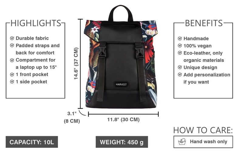 Floral backpack for women, floral rucksack, women floral backpack, medium floral backpack, eco-leather wome back, eco-friendly rucksack image 4