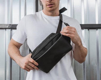 Leather Chest Bag, Black Tactical Crossbody Bag Sling, Men's crossbody bag, Vegan belt bag, men fanny pack, Black Crossbody waist bag