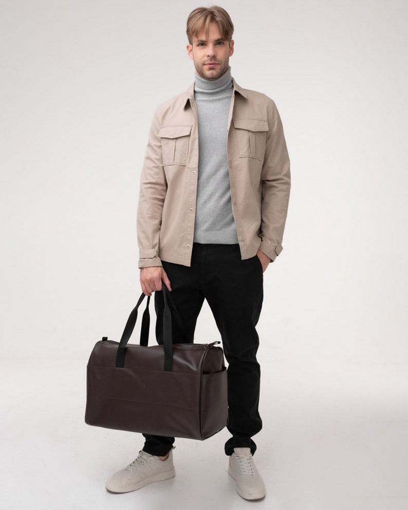 Men's Weekend Duffle Bag, Personalized Leather Duffle Bag, Brown weekender bag, Eco-leather Travel bag, Christmas gift: men's waterproof bag image 3