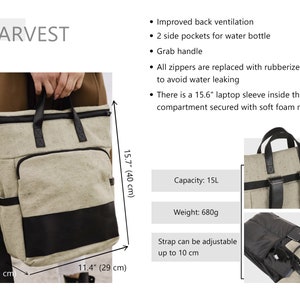 Backpack linen laptop bag, 15 laptop backpack, canvas linen rucksack bag for everyday use, boho elegant laptop backpack, bag backpack image 4
