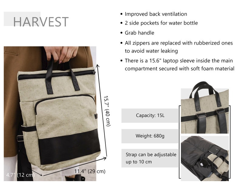 Backpack linen laptop bag, 15 laptop backpack, canvas linen rucksack bag for everyday use, boho elegant laptop backpack, bag backpack image 4