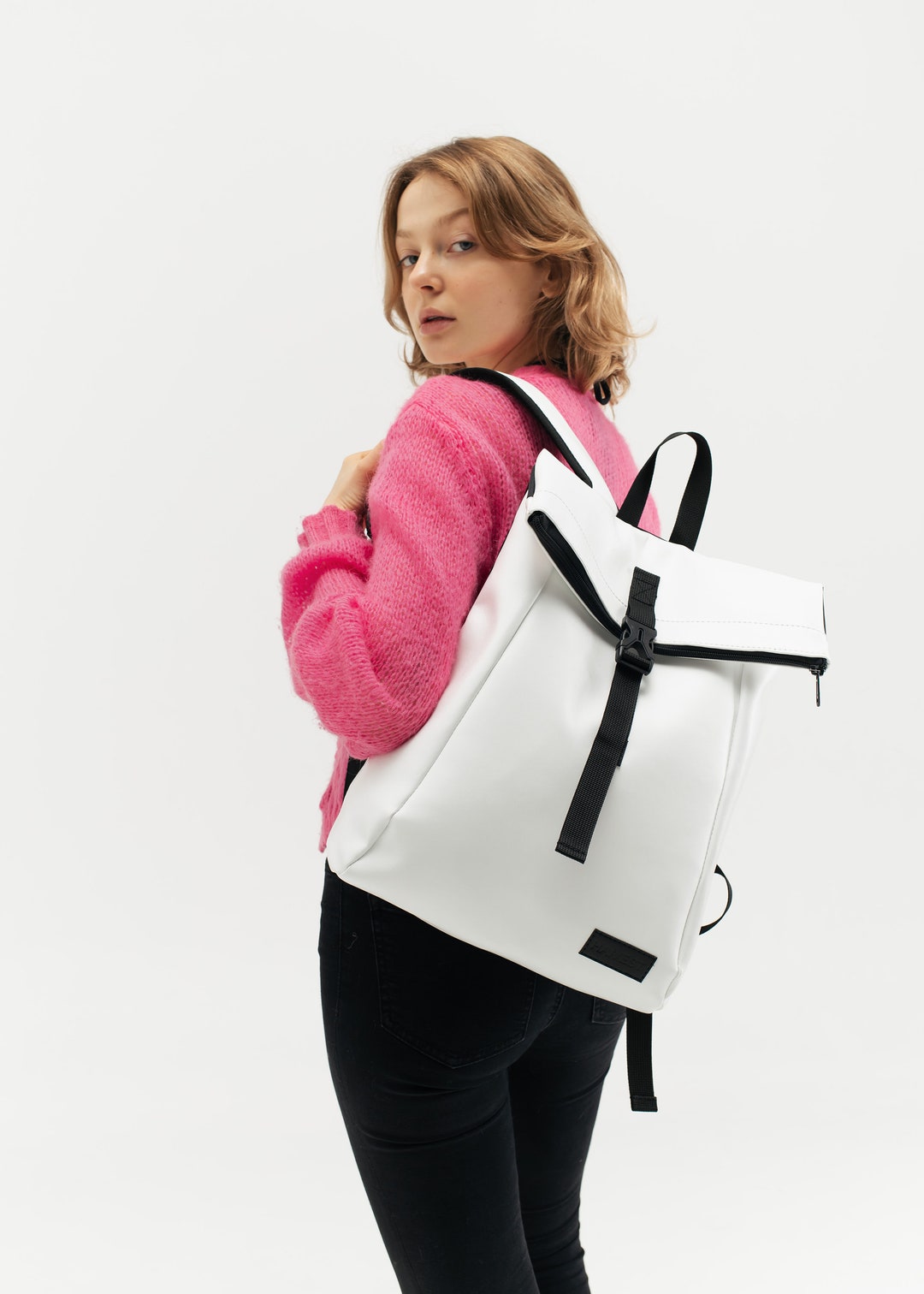 Roll Top Travel Rucksack White Day Pack Laptop Bag for Women - Etsy