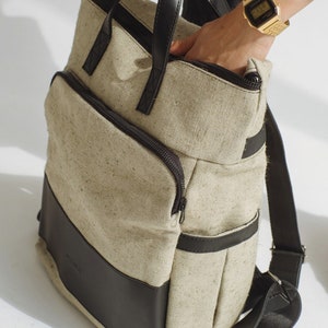 Backpack linen laptop bag, 15 laptop backpack, canvas linen rucksack bag for everyday use, boho elegant laptop backpack, bag backpack image 6
