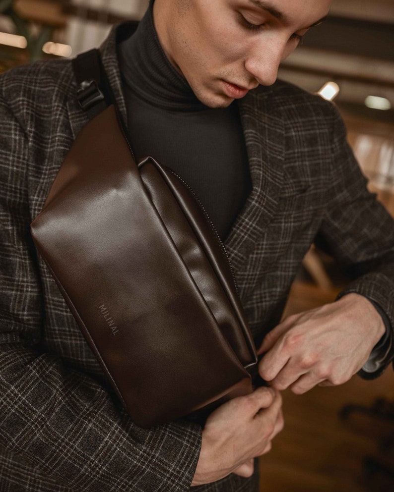 Brown Leather Shoulder Bag for Men Vegan Leather Crossbody Etsy