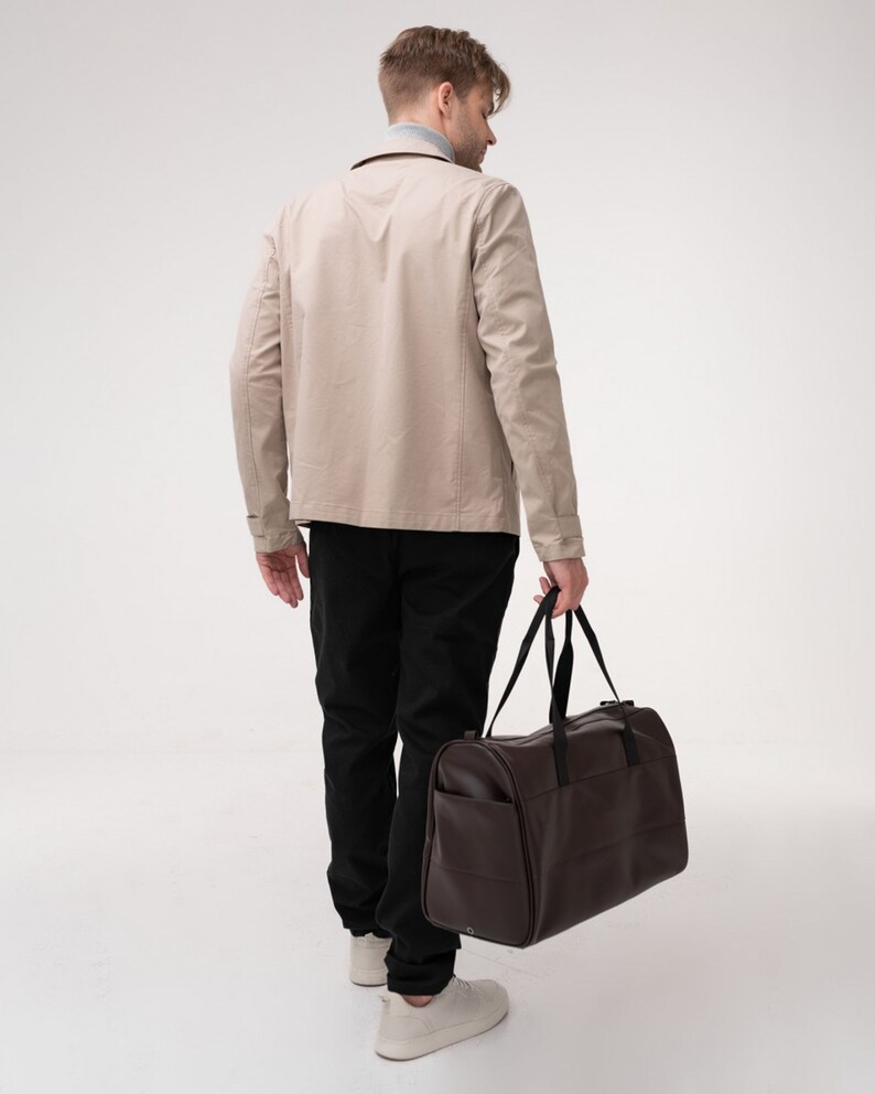 Men's Weekend Duffle Bag, Personalized Leather Duffle Bag, Brown weekender bag, Eco-leather Travel bag, Christmas gift: men's waterproof bag image 4