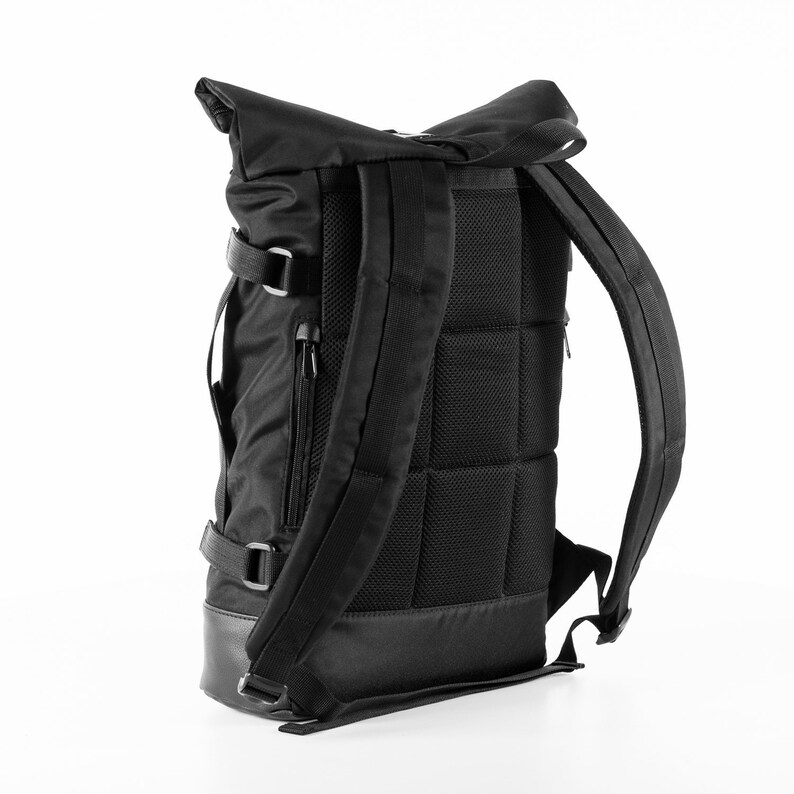 Leather Rolltop Backpack Vegan Rucksack Black Tactical Etsy
