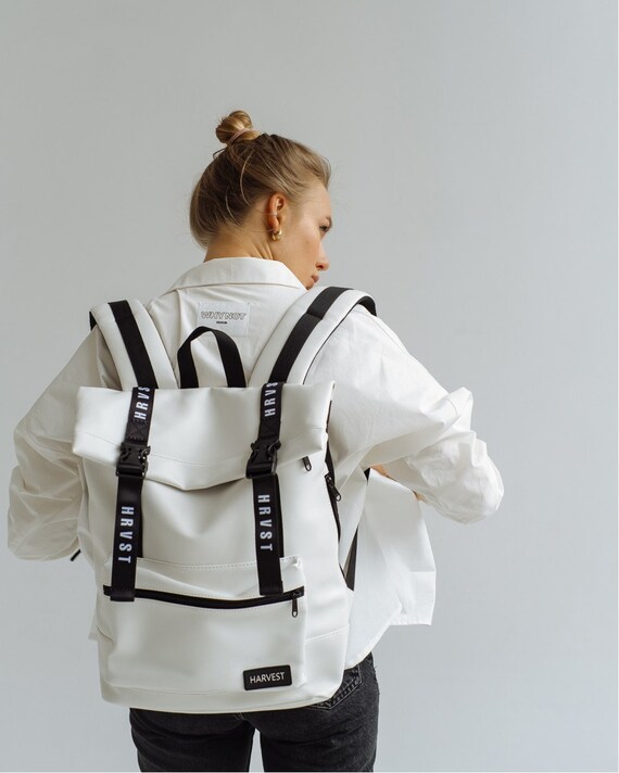White backpack roll backpack rolltop backpack white rucksack | Etsy