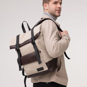 Linen men's backpack laptop, Leather Men's backpack work, Travel backpack women, Rucksack, Girls backpack everyday, Gift for Her, Linen bag image 1