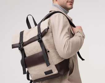 Linen men's backpack laptop, Leather Men's backpack work, Travel backpack women, Rucksack, Girls backpack everyday, Gift for Her, Linen bag