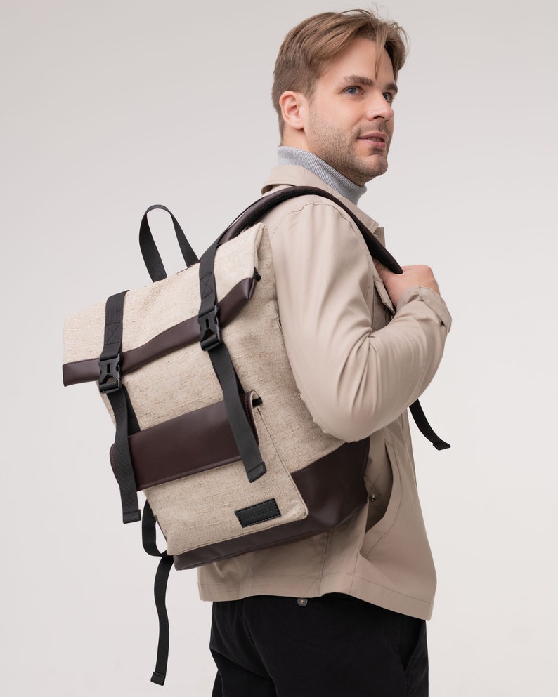 Linen men's backpack laptop, Leather Men's backpack work, Travel backpack women, Rucksack, Girls backpack everyday, Gift for Her, Linen bag image 1