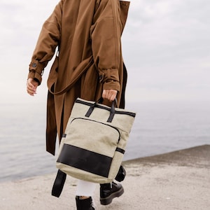 Backpack linen laptop bag, 15 laptop backpack, canvas linen rucksack bag for everyday use, boho elegant laptop backpack, bag backpack image 3
