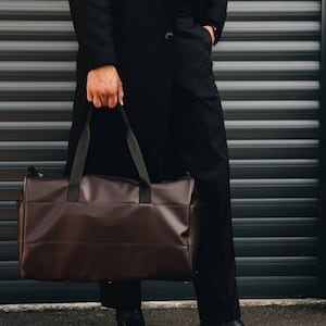 Men's Weekend Duffle Bag, Personalized Leather Duffle Bag, Brown weekender bag, Eco-leather Travel bag, Christmas gift: men's waterproof bag image 1