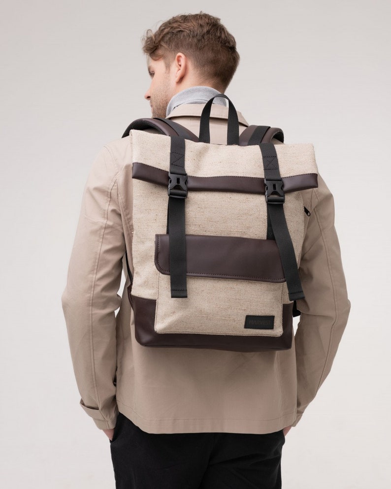 Linen men's backpack laptop, Leather Men's backpack work, Travel backpack women, Rucksack, Girls backpack everyday, Gift for Her, Linen bag image 2