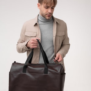 Men's Weekend Duffle Bag, Personalized Leather Duffle Bag, Brown weekender bag, Eco-leather Travel bag, Christmas gift: men's waterproof bag image 2