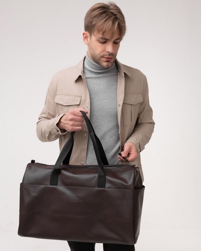 Men's Weekend Duffle Bag, Personalized Leather Duffle Bag, Brown weekender bag, Eco-leather Travel bag, Christmas gift: men's waterproof bag image 2