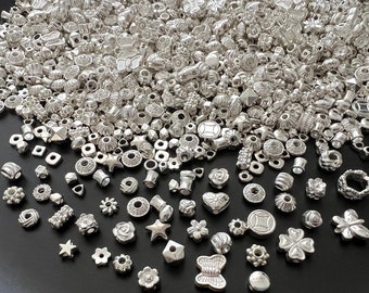 100PCS Spacer Beads 3mm 4mm 5mm 6mm Silver Plated Assorted Round Heart Shape Flower Spacer Beads Jewelry Making Supplies DIY