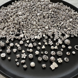 100PCS Spacer Beads 3mm 4mm 5mm 6mm Antique Silver Plated Assorted Round Heart Shape Flower Spacer Beads Jewelry Making Supplies DIY