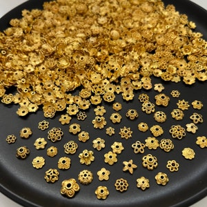 200pcs Assorted 18K Gold Beads Cap 6mm 8mm 10mm Gold Plated Thick Bead Cap Bulk Bead Cap Jewelry Making Supply