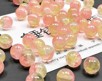 10mm Pink Yellow Glass Beads Round Crackled Beads Loose Beads Jewelry Making Supply, R-10924
