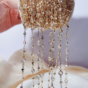 KC Gold White Crystal Beads Chain Zircon Link Chain Bracelet Necklace Jewelry Making DIY Supply Charms