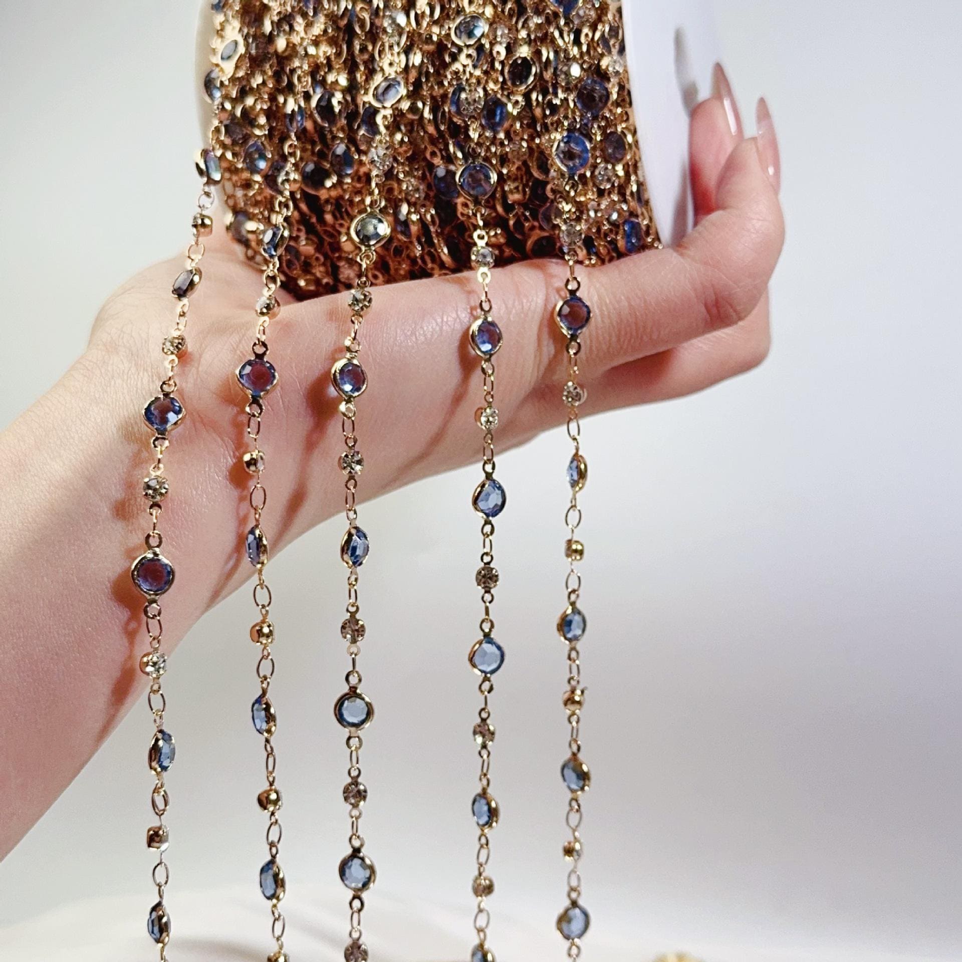 KC ゴールド ネイビー クリスタルビーズチェーン ジルコン リンク