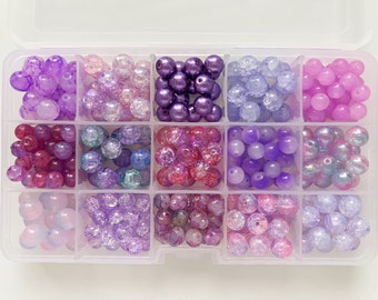 Assortiment de perles de verre violettes, 8 mm, 10 mm, perles polies craquelées multicolores, perles en vrac, perles de cristal