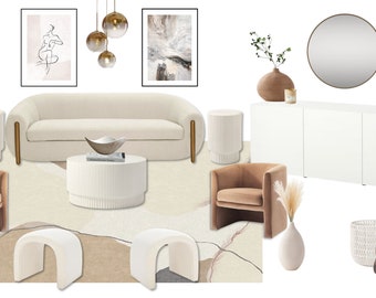 Sala de estar elegante y neutra / Diseño de interiores online / Servicio de diseño de interiores personalizado / Diseño electrónico / Diseño virtual