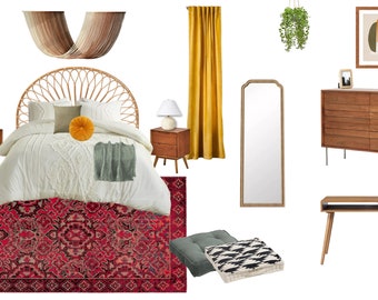 Dormitorio Boho / Diseño de interiores online / Servicio de diseño de interiores personalizado / Diseño electrónico / Diseño virtual