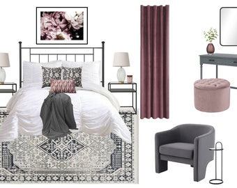 Dormitorio Moody Mauve / Diseño de interiores online / Servicio de diseño de interiores personalizado / Diseño electrónico / Diseño virtual