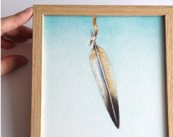 Feather Drawing Soft Bright Blue Baby Bedroom Retreat Art Unique Gift Idea for Mom, Still Life of a Bird Feather, Simple Art, Visionary Art