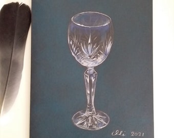 Wine Glass Folded Card Unique Gift idea for Mom, Still Life on Black Paper with Purple Color or Blue Color, White Pencil Glass, Elegant Art