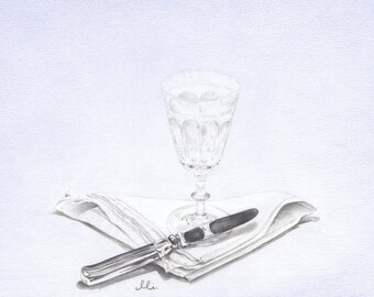 Still Life Setup Blue Dining Art, Soft Blue Dinner Artwork, Realistic Drawing, Crystalglass Art, Realistic Artwork for Dining Room, Art Gift