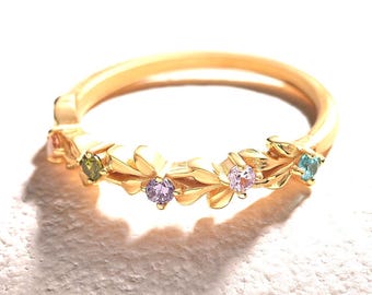 Floral Birthstone Mothers Ring Sterling Silver Multi Stone Family Ring Personalized
