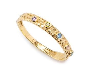 Tiny Floral Birthstone Ring 2 3 4 5 6 7 8 Stone / Dainty Silver Gold Ring  / Personalized Handmade Jewelry / Gift For Her / Bridesmaid Gift