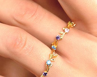 Birthstone Ring 14k Solid Gold Personalized Jewelry Gift For Women,  Available with 2, 3, 4, 5, 6 Birthstones Rings for Women