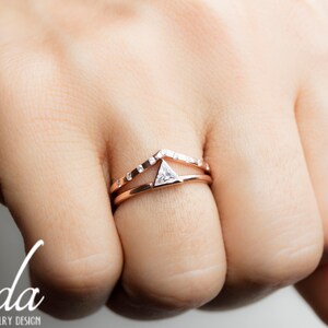 Wedding Ring Set - Trillion Engagement Ring - Unique Engagement Ring - Trillion Cut Ring - Diamond Engagement Ring,Engagement Ring Rose Gold