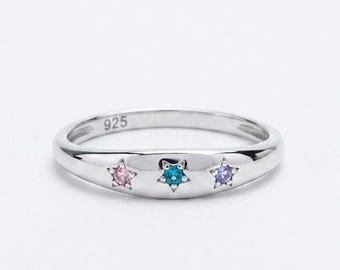 Silver Birthstone Ring Personalized Birthstones with Stars of Your Life, Mothers Ring with 2, 3, 4, 5, 6 Stone / Jewelry Gifts for Women