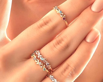 Mothers Ring 2 3 4 5 6 Stone / Floral Birthstone Ring for Mom / Personalized Birthstone Jewelry / Rings for Women / Dainty Gold Ring