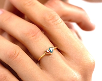 Dual Heart Couples Birthstone Ring Pear Cut Promise Ring Valentines Day Gifts for Her
