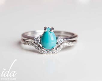 White Gold Turquoise Engagement Ring Set - Wedding Ring Set - White Gold Wedding Band Women  - Unique Engagement Ring - Turquoise jewelry