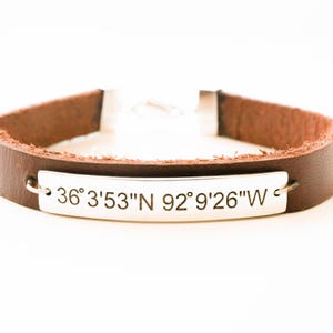 Personalized Mens Bracelet - Silver Mens Bracelet - Leather Bracelet Mens - Custom Coordinates Mens - Fathers Day Gift - Gift For Men