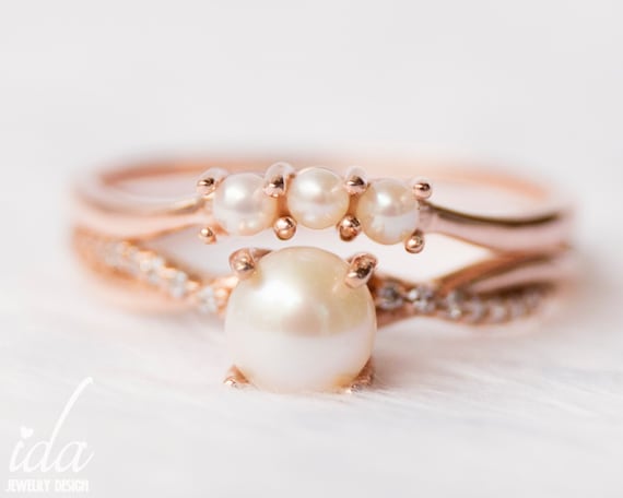 14k Rose Gold Pearl Engagement Ring Set Pearl Ring Wedding | Etsy