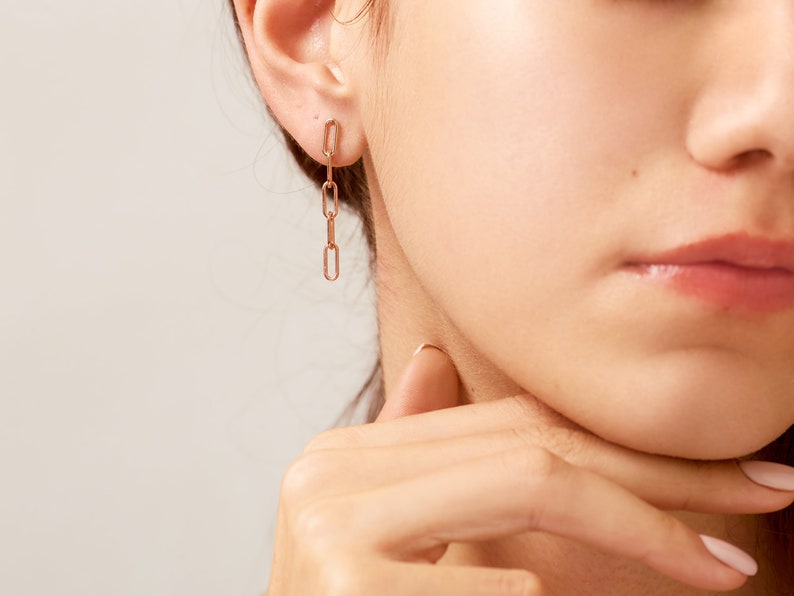 Modern Link Stud Earrings Dangle Minimalist Rose Gold Earrings Gold Link Dangle Earrings Perfect Gift For Her zdjęcie 2
