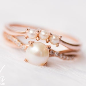 14k Rose Gold Pearl Engagement Ring Set Pearl Ring Wedding - Etsy
