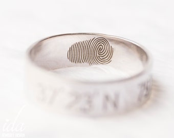 Personalized Fingerprint Ring,  Coordinate Gift For Men, Mens Ring Engraved - Mens Wedding Band, Rings For Men, Gift For Him, Gifts for Men