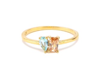 Toi et Moi Personalized Birthstone Ring Pear and Emerald Cut Promise Engagement Ring