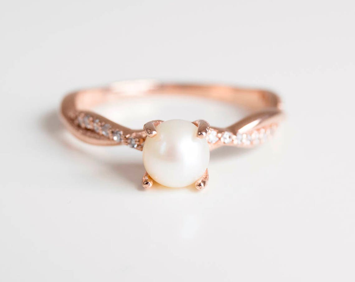 Pearl Engagement Ring Rose Gold Engagement Ring Unique image 1